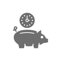 Clock with piggy bank, investment, debt, save time grey icon.