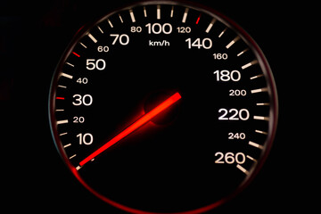 Speedometer in a car. Car dashboard. Dashboard details with indication lamps.Car instrument panel. Dashboard with speedometer.Car detailing. Modern interior.Closeup.Copy space.