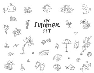 Summer Set - outline vector elements: beach, fishes, underwater, ice-cream, anchor - cute hand-drawn doodles.