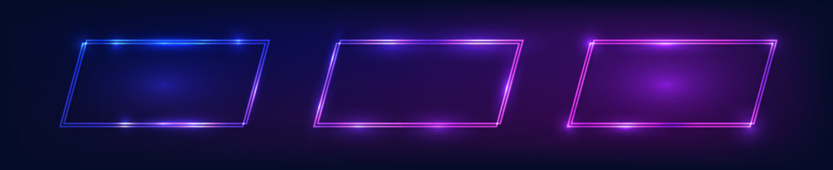Set of neon double frames with shining effects