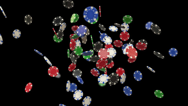 Falling colored poker chips on a black background.