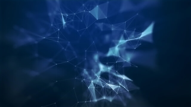 Abstract blue technology and communication background with plexus elements and depth of field settings.