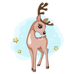 Cartoon cuie little reindeer in the winter woodland. Isolated. Beautiful picture for your design.  Christmas illustration for your design.  - 458669413