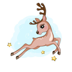 Cartoon cuie little reindeer running on the winter woodland. Isolated. Beautiful picture for your design.  Christmas illustration for your design.  - 458669428