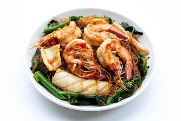 Spicy stir fried vermicelli with holy basil leaves and sea food