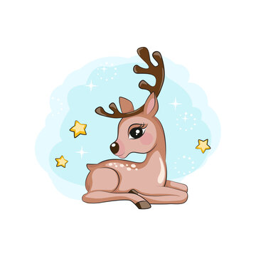 Cartoon cuie little reindeer ies on its stomach. Isolated. Beautiful picture for your design.  Christmas illustration for your design. 