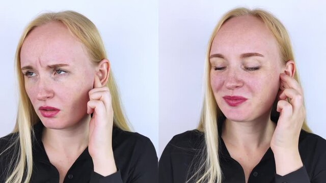 Before and after. On the left, the woman indicates ear pain, and on the right, indicates that the ear no longer hurts. Pain management and professional medical care assistance concept