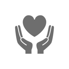 Hands hold heart, charity, donation, valentine day grey icon.