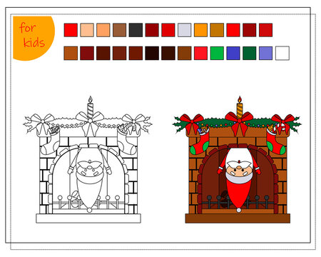 a coloring book for children, a fireplace decorated for Christmas and Santa hanging upside down in the fireplace. vector