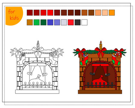 a coloring book for children, a fireplace decorated for Christmas, and Santa is stuck in the chimney of the fireplace.
