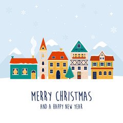 Holiday Christmas illustration with colorful buildings and Christmas tree.