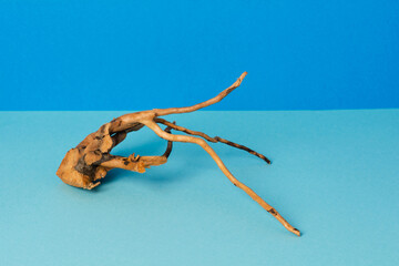 Creative wooden podium for cosmetics or products on blue background. Marketing scene mockup