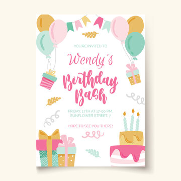 Birthday party. Birthday bash template with lettering cake in childish style for designing own posters and invitation cards. Vector illustration