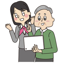 タブレットの操作を習うシニア男性と教える制服姿の携帯ショップ店員の女性