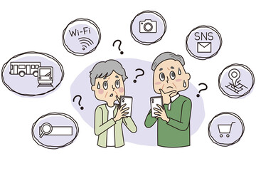 スマホ操作が難しいシニアの男女とアプリのシンプルなアイコン