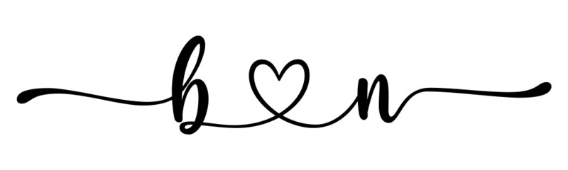 bn, nb, letters with heart Monogram, monogram wedding logo. Love icon, couples Initials, lower case, connecting HEART, home decor,