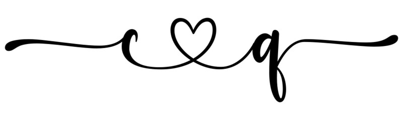 cq, qc, letters with heart Monogram, monogram wedding logo. Love icon, couples Initials, lower case, connecting HEART, home decor,
