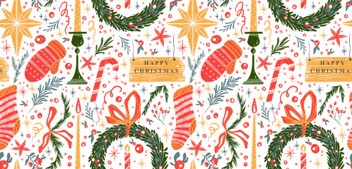 New year decorative elements in cartoon flat style illustration of wreath, star, sock, candle, mitten red berries, candy cane isolated on white background. Watercolor Christmas winter seamless pattern
