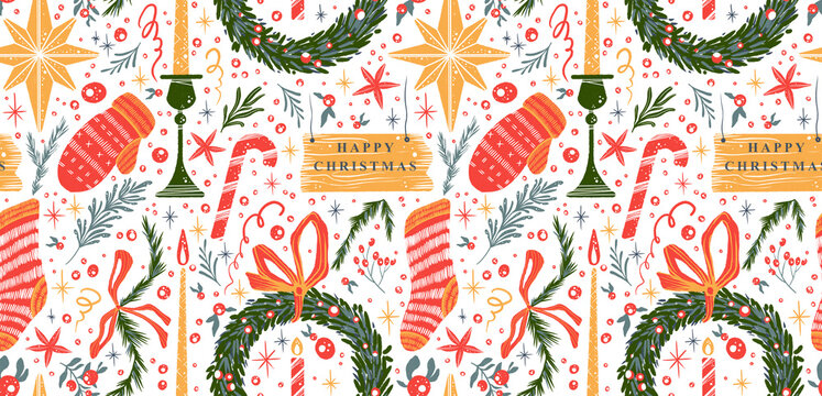 New year decorative elements in cartoon flat style illustration of wreath, star, sock, candle, mitten red berries, candy cane isolated on white background. Watercolor Christmas winter seamless pattern