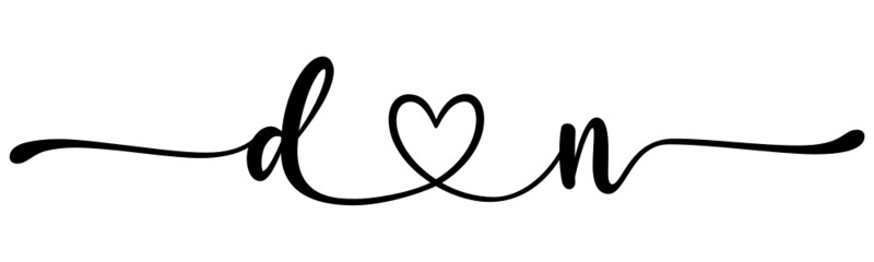 dn, nd, letters with heart Monogram, monogram wedding logo. Love icon, couples Initials, lower case, connecting HEART, home decor,