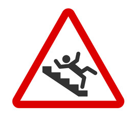 Caution stairway sign. A man falling down the stairs. A sign warning of danger. Slippery stairs icon in red triangle . Vector illustration isolated on white background.