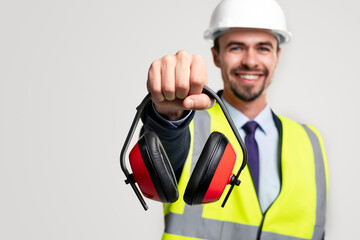 Happy construction engineer with protective headphones