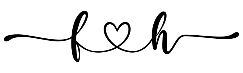 fh, hf, letters with heart Monogram, monogram wedding logo. Love icon, couples Initials, lower case, connecting HEART, home decor,