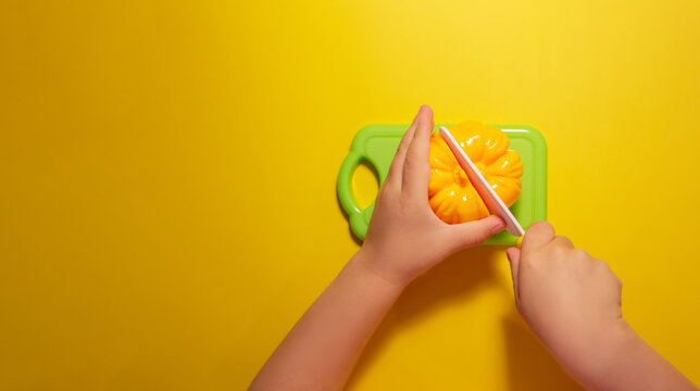 A child cuts a toy pepper on a yellow background with a toy knife