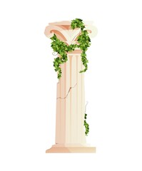 Ancient Greek column with ivy climbing branches. Roman pillar. Building design elements and decoration. Cartoon vector illustration.