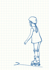 Girl learning to skate on rollers, Blue pen sketch on square grid notebook page, Hand drawn vector linear illustration