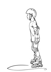 Sketch of little girl learning to skate on rollers, Hand drawn vector linear illustration isolated on white background