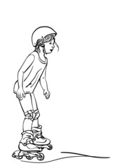 Sketch of little girl learning to skate on rollers, Hand drawn vector linear illustration isolated on white background