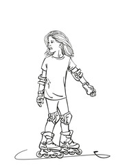 Sketch of girl with long hair learning to skate on rollers, Hand drawn vector linear illustration isolated on white background