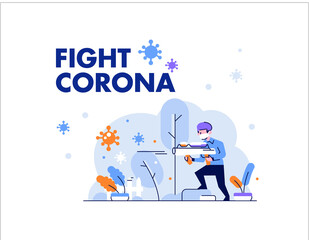Healthcare medical man and woman protect and fight corona, covid 19 shielding, defending people character flat design gradient style Vector Illustration