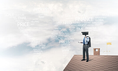 Fototapeta premium Concept of home security and privacy protection with camera headed man