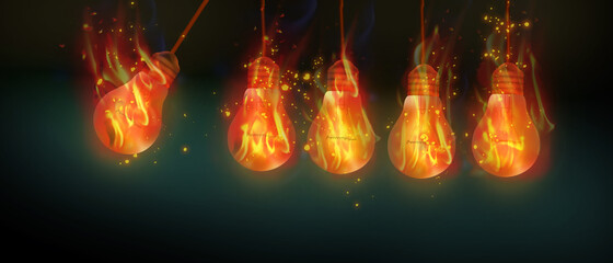 Lightbulbs with realistic burning fire flames with shiny bright elements - future and idea concept