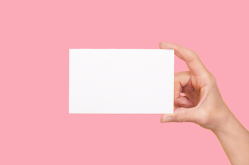 White card in a female hand on a pink background. Female hands with business card