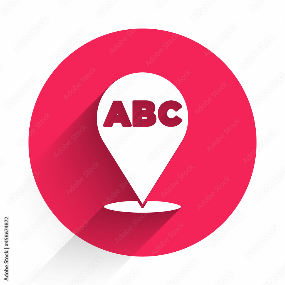 Aufkleber white alphabet icon isolated with long shadow. red circle button. vector