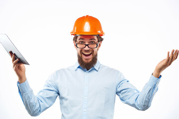 surprised man work in the construction industry Studio hand gesture