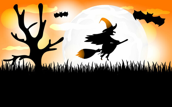 Silhouette of a witch flying on a broomstick.