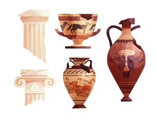 Broken ancient vases and Greek columns. Ancient Roman pillar. Ceramic archaeological pot. Antique traditional clay jar for wine.