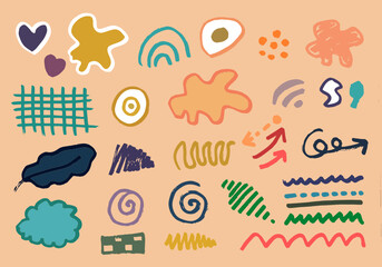 Set of hand drawn various shapes and doodle objects and decorative design elements.vector illustration.
