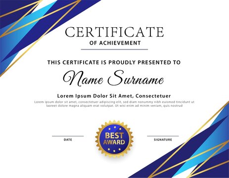 Minimalist luxury blue gold certificate template design for achievement or appreciation awards.