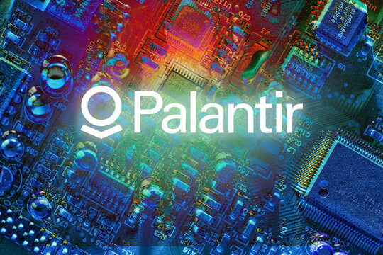 Palantir cyber security logo over dark circuit board abstract background texture