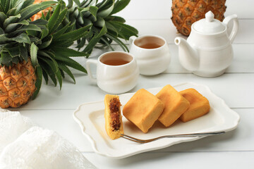 Taiwan Pineapple Cake Pastry, Taiwanese Famous Sweet Delicious Dessert Food (Nastar Taiwan or Nastar Hongkong), Copy Space Design.