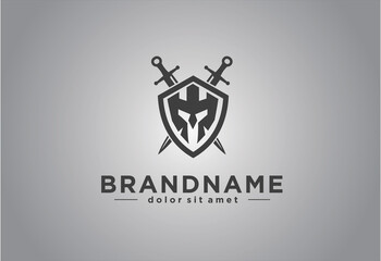 spartan helmet in shield and cross sword logo vector illustration silhouette black. template logo for military, armory, company, team, game