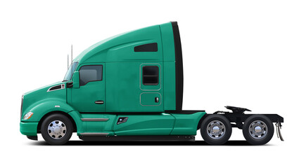 The modern American truck is completely blue-green. Side view isolated on white background.