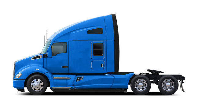 The modern American truck is completely blue. Side view isolated on white background.
