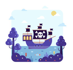 Ship with a pirate flag is sailing on the sea. Vector cartoon illustration in flat stile