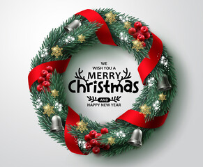Merry christmas greeting text vector design. Christmas wreath and garland xmas ornament elements for card decoration in white space background. Vector illustration.  © AmazeinDesign